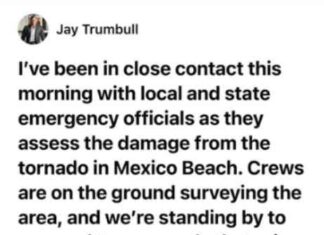 Declaración del senador Jay Trumbull tras el daño causado por un tornado en Mexico Beach declaracin-del-senador-jay-trumbull-tras-el-dao-causado-por-un-tornado-en-mexico-beach